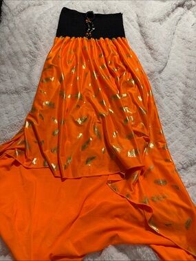 SFERRA Black-Waist Orange High-Low Dress with Gold Foil